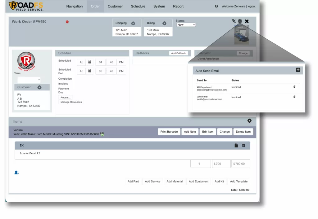 Auto send invoices via RoadFS CRM